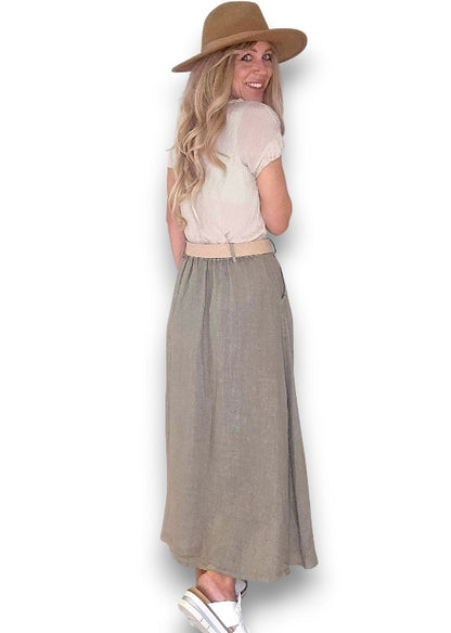 Mocha Midi Raffia Belt Linen Skirt