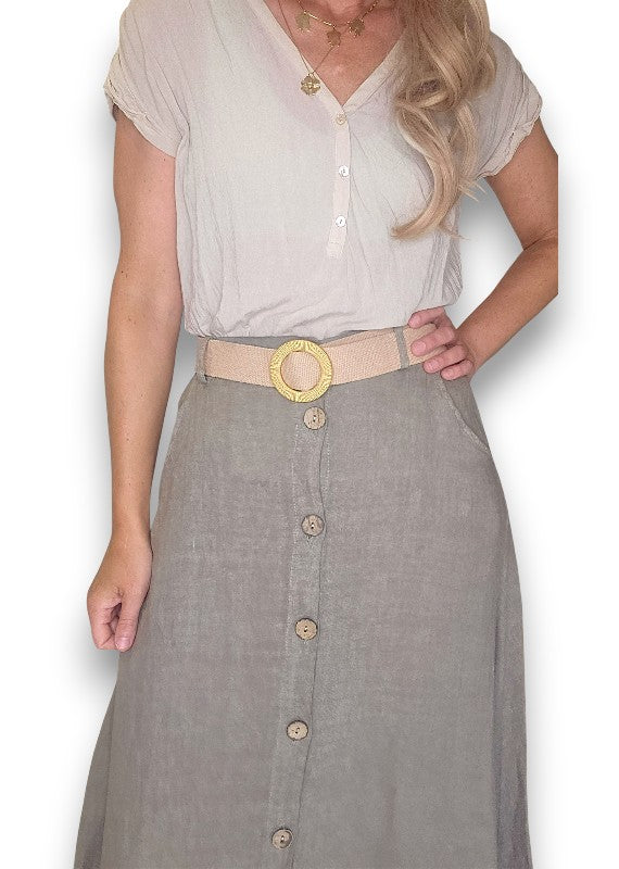 Mocha Midi Raffia Belt Linen Skirt