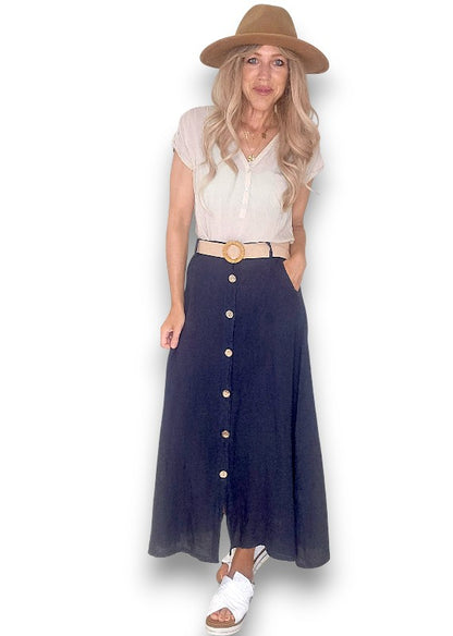 Navy Midi Raffia Belt Linen Skirt