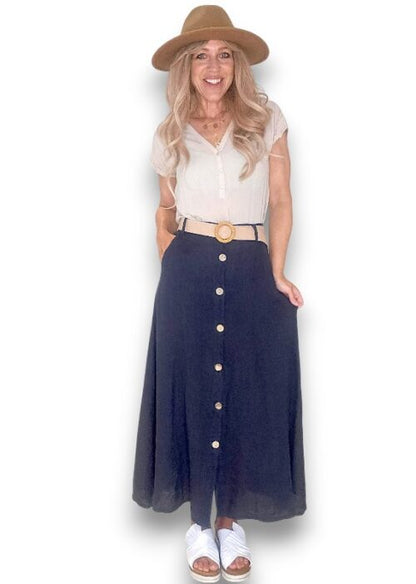 Navy Midi Raffia Belt Linen Skirt