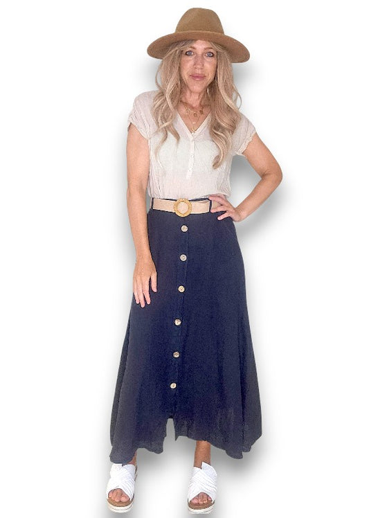 Navy Midi Raffia Belt Linen Skirt