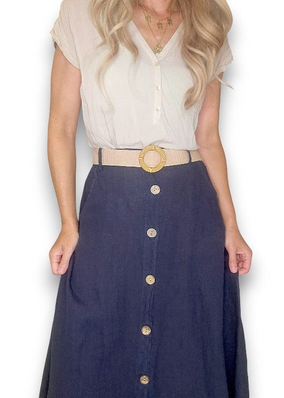 Navy Midi Raffia Belt Linen Skirt