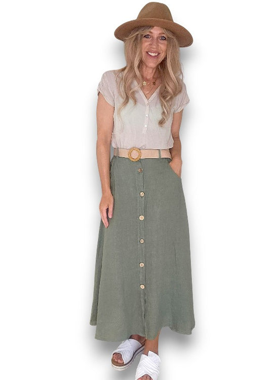 Forest Midi Raffia Belt Linen Skirt