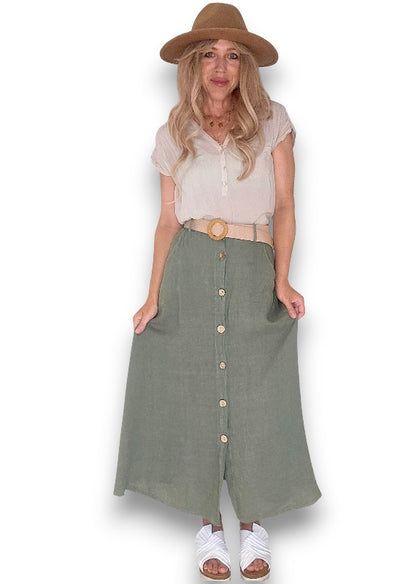 Forest Midi Raffia Belt Linen Skirt