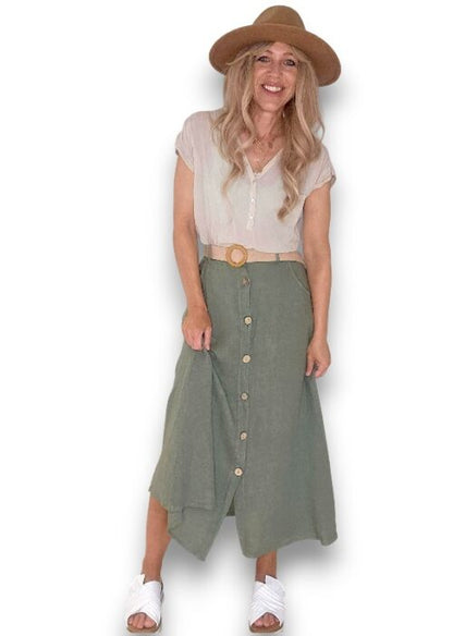 Forest Midi Raffia Belt Linen Skirt