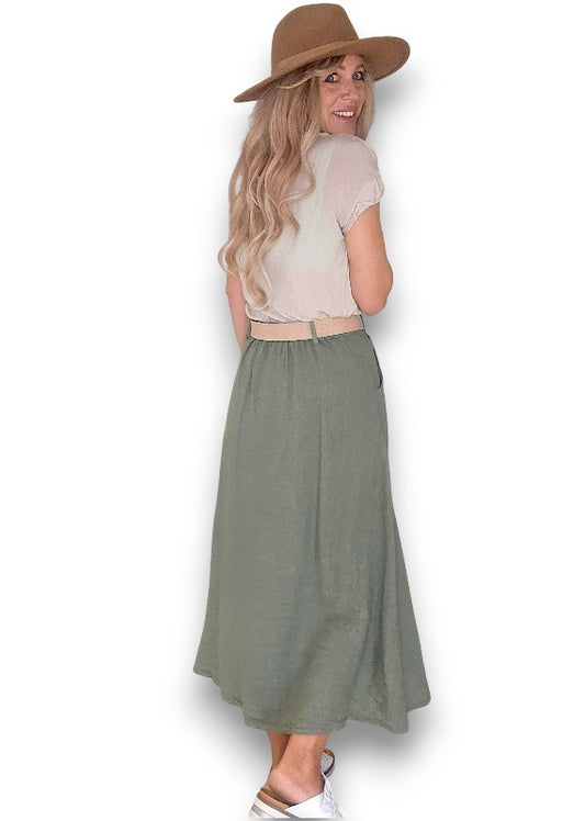 Forest Midi Raffia Belt Linen Skirt