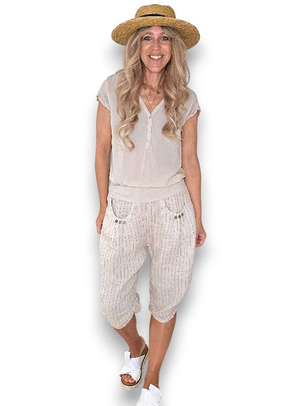 Beige Pinstripe Capri Linen Pant