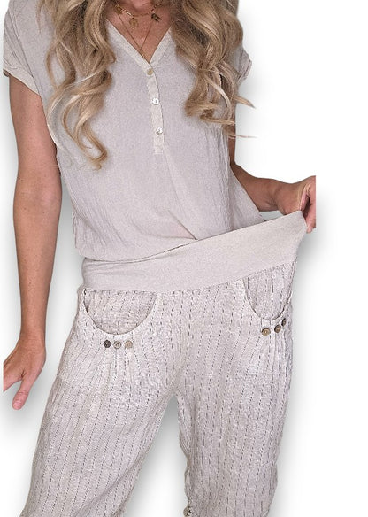 Beige Pinstripe Capri Linen Pant