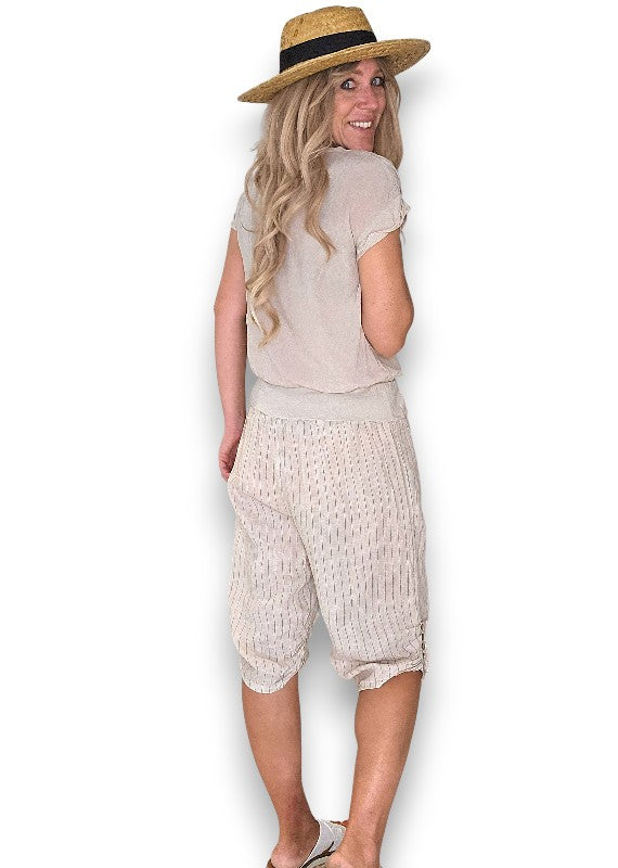 Beige Pinstripe Capri Linen Pant