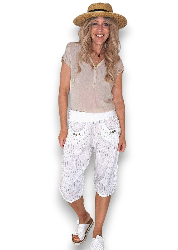White Pinstripe Capri Linen Pant