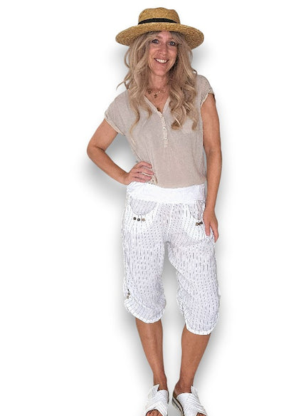 White Pinstripe Capri Linen Pant