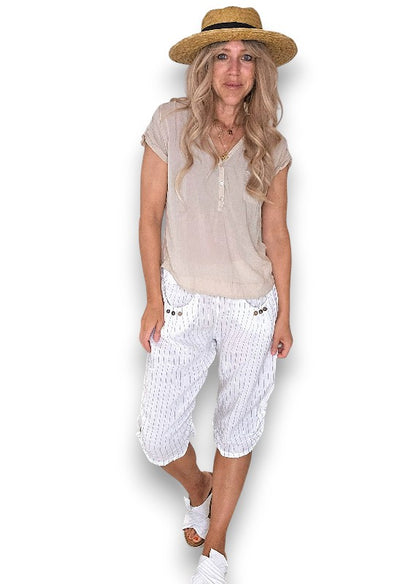 White Pinstripe Capri Linen Pant