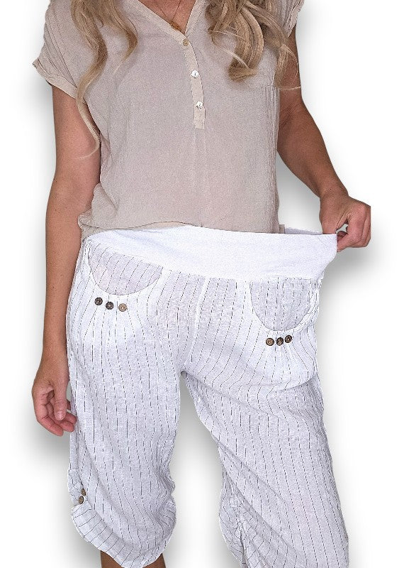 White Pinstripe Capri Linen Pant