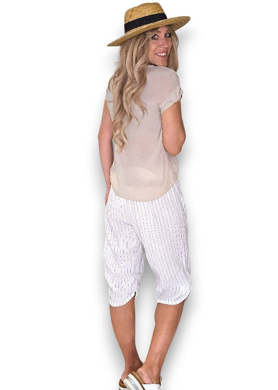 White Pinstripe Capri Linen Pant
