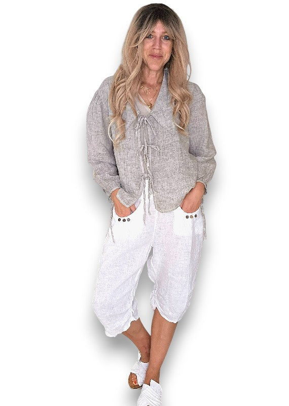 White Plain Capri Linen Pant
