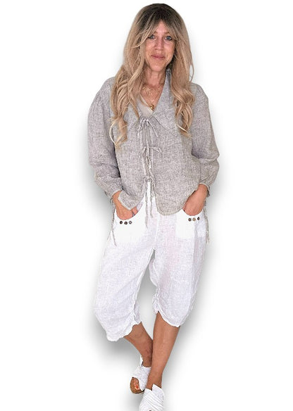 White Plain Capri Linen Pant