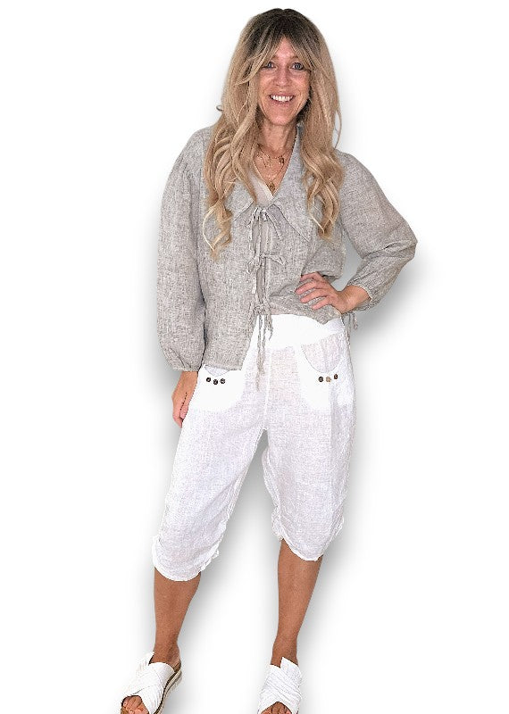 White Plain Capri Linen Pant