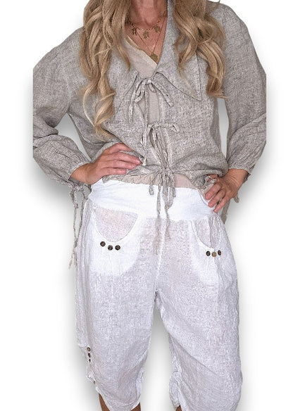White Plain Capri Linen Pant