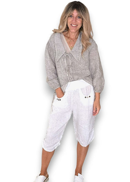 White Plain Capri Linen Pant