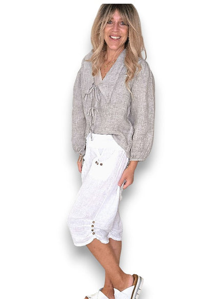 White Plain Capri Linen Pant