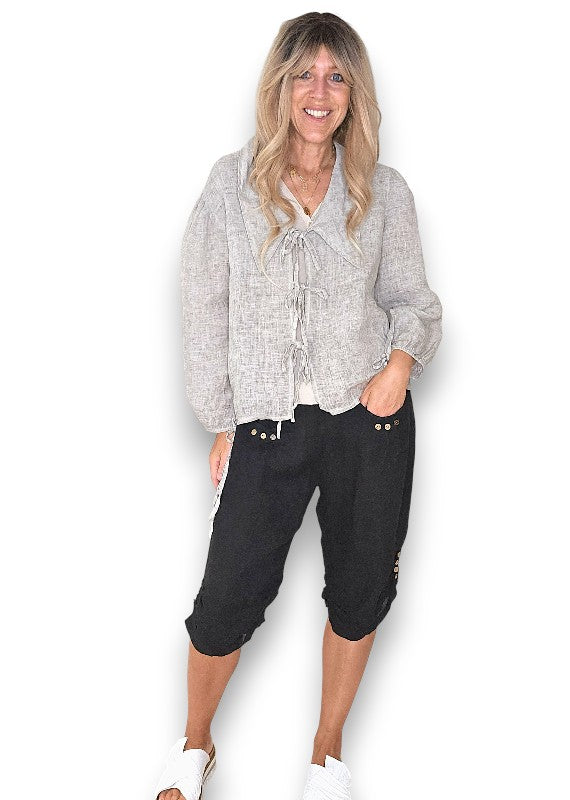 Black Plain Capri Linen Pant