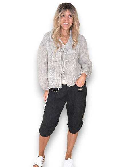 Black Plain Capri Linen Pant
