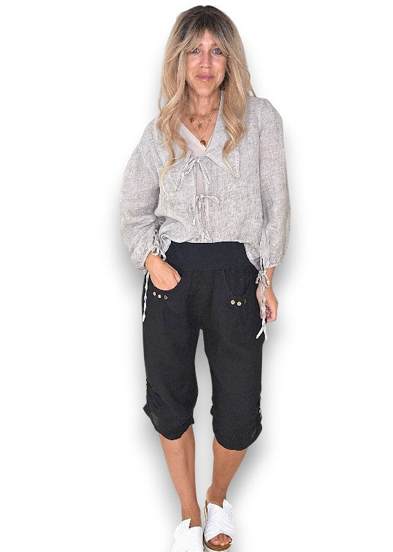 Black Plain Capri Linen Pant