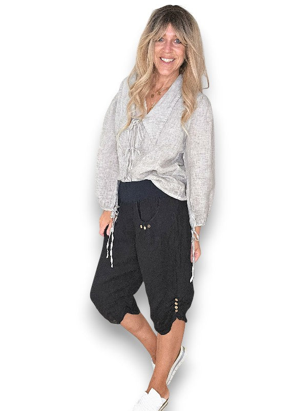 Black Plain Capri Linen Pant