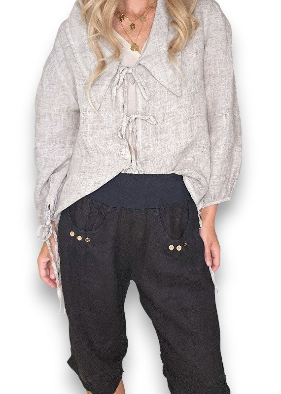 Black Plain Capri Linen Pant