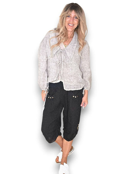Black Plain Capri Linen Pant