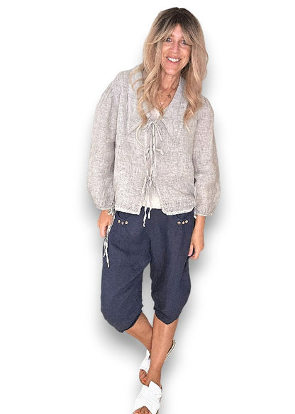 Navy Plain Capri Linen Pant