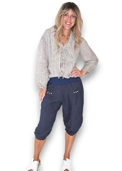 Navy Plain Capri Linen Pant