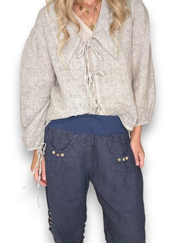 Navy Plain Capri Linen Pant