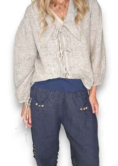 Navy Plain Capri Linen Pant