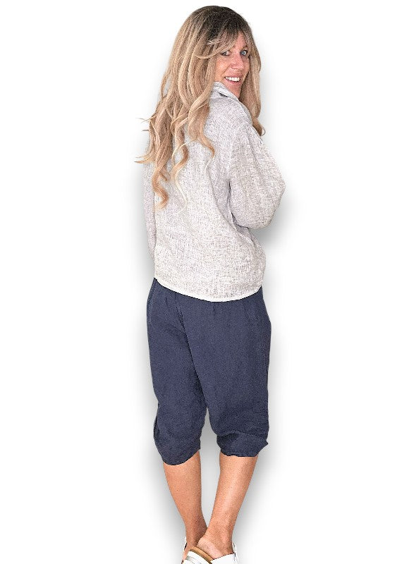 Navy Plain Capri Linen Pant