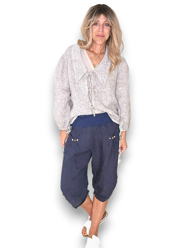 Navy Plain Capri Linen Pant