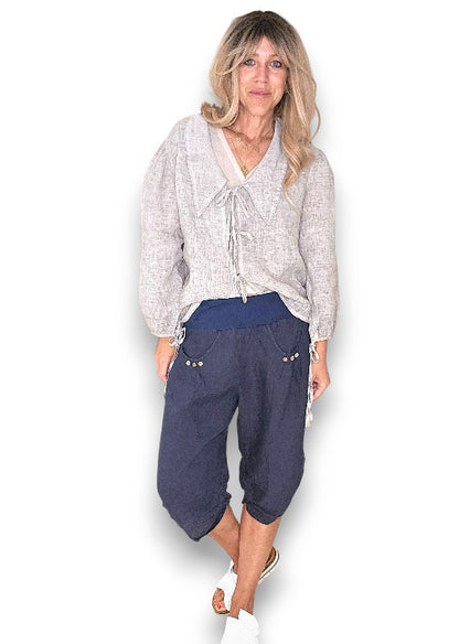 Navy Plain Capri Linen Pant