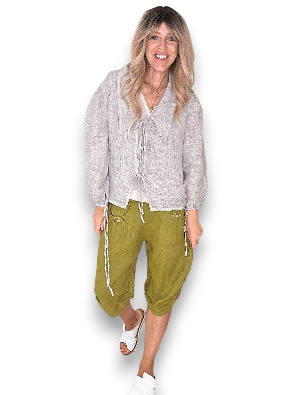 Olive Plain Capri Linen Pant