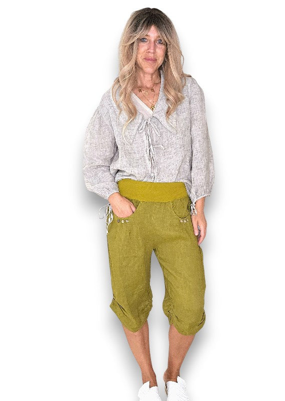 Olive Plain Capri Linen Pant