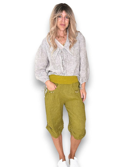 Olive Plain Capri Linen Pant