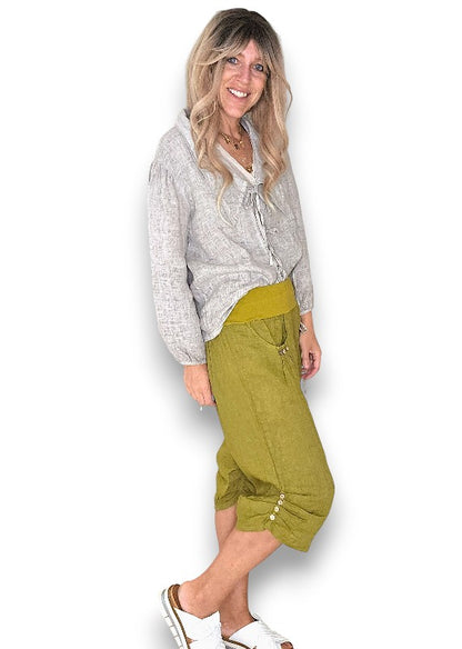 Olive Plain Capri Linen Pant