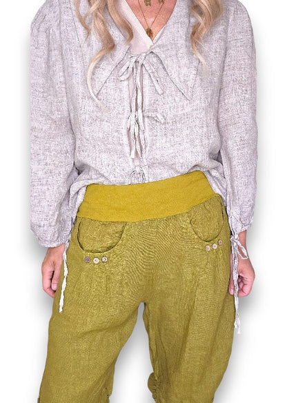 Olive Plain Capri Linen Pant