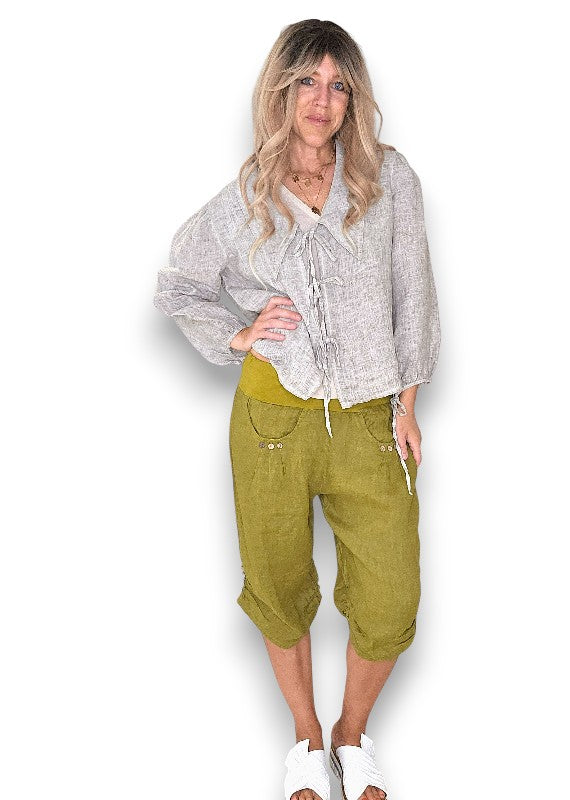Olive Plain Capri Linen Pant