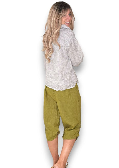 Olive Plain Capri Linen Pant