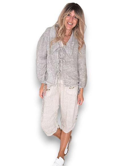Beige Plain Capri Linen Pant