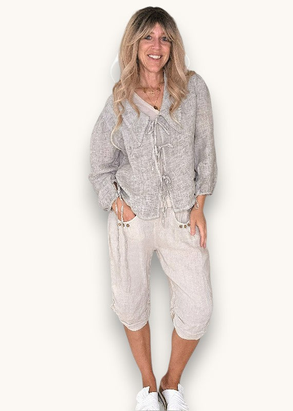 Beige Plain Capri Linen Pant