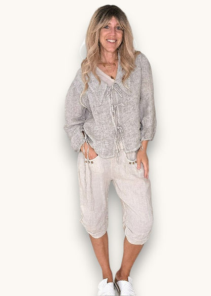 Beige Plain Capri Linen Pant