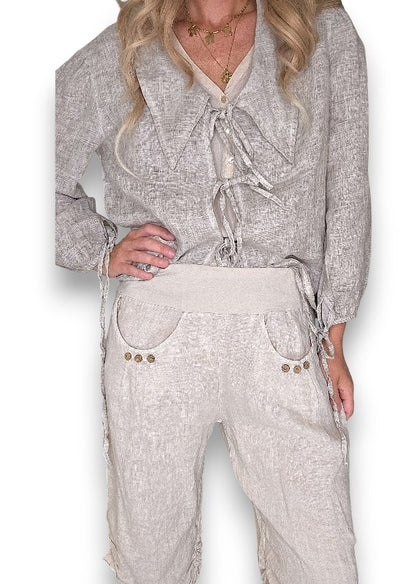 Beige Plain Capri Linen Pant