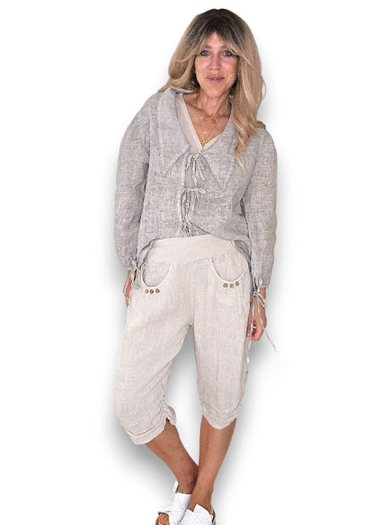 Beige Plain Capri Linen Pant