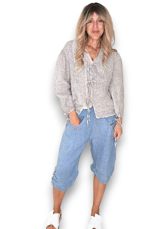 Petrol Plain Capri Linen Pant